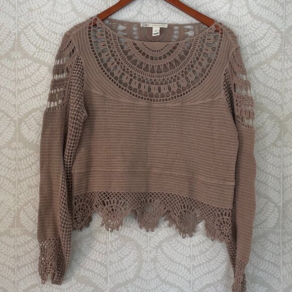 Tan/Neutral Long Sleeve Boho Cotton Crochet Open Hollow Out Knit Sweater, L - Picture 1 of 15